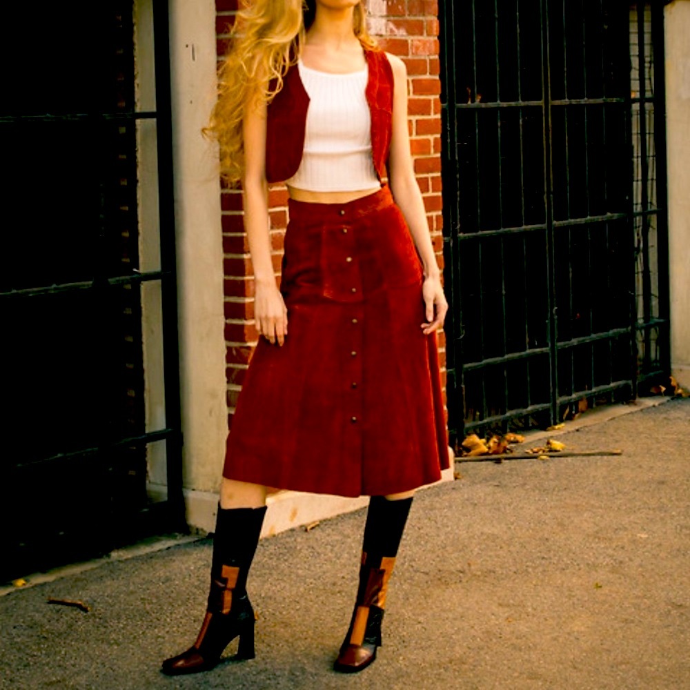 Vintage suede boho skirt and vest set